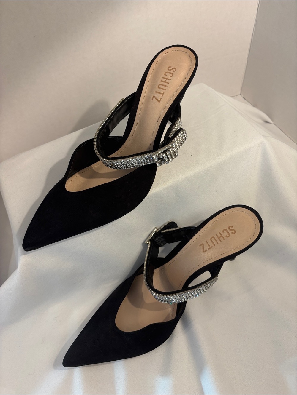 Schutz Tishara Black rhinestone buckle pointed toe mule heels. Size 9B - Picture 7 of 9